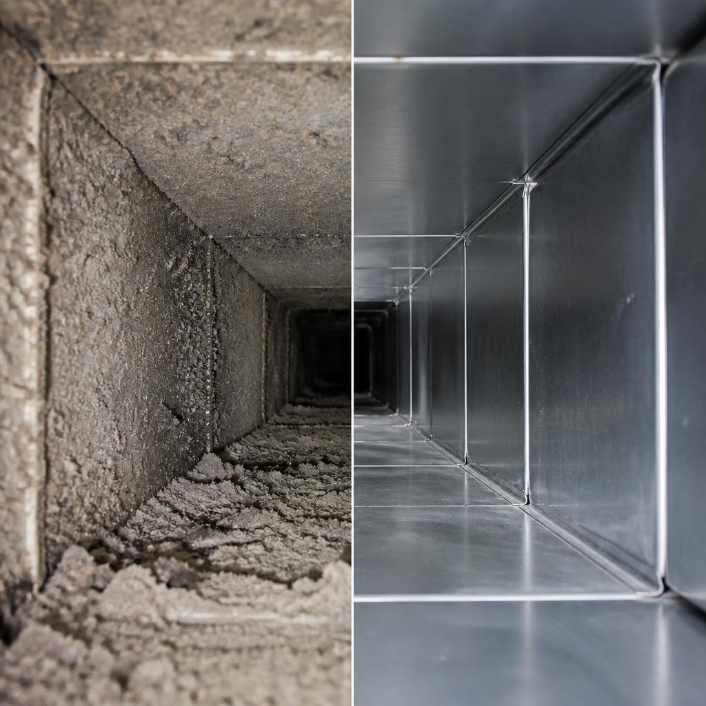 Air duct before and after cleaning — dusty vs. spotless metal duct