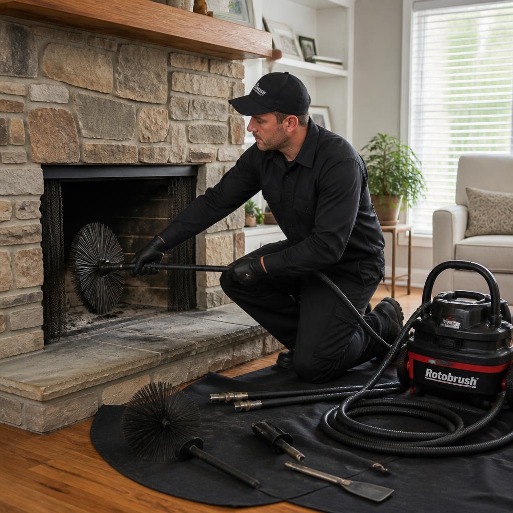 Professional chimney sweep cleaning a residential fireplace
