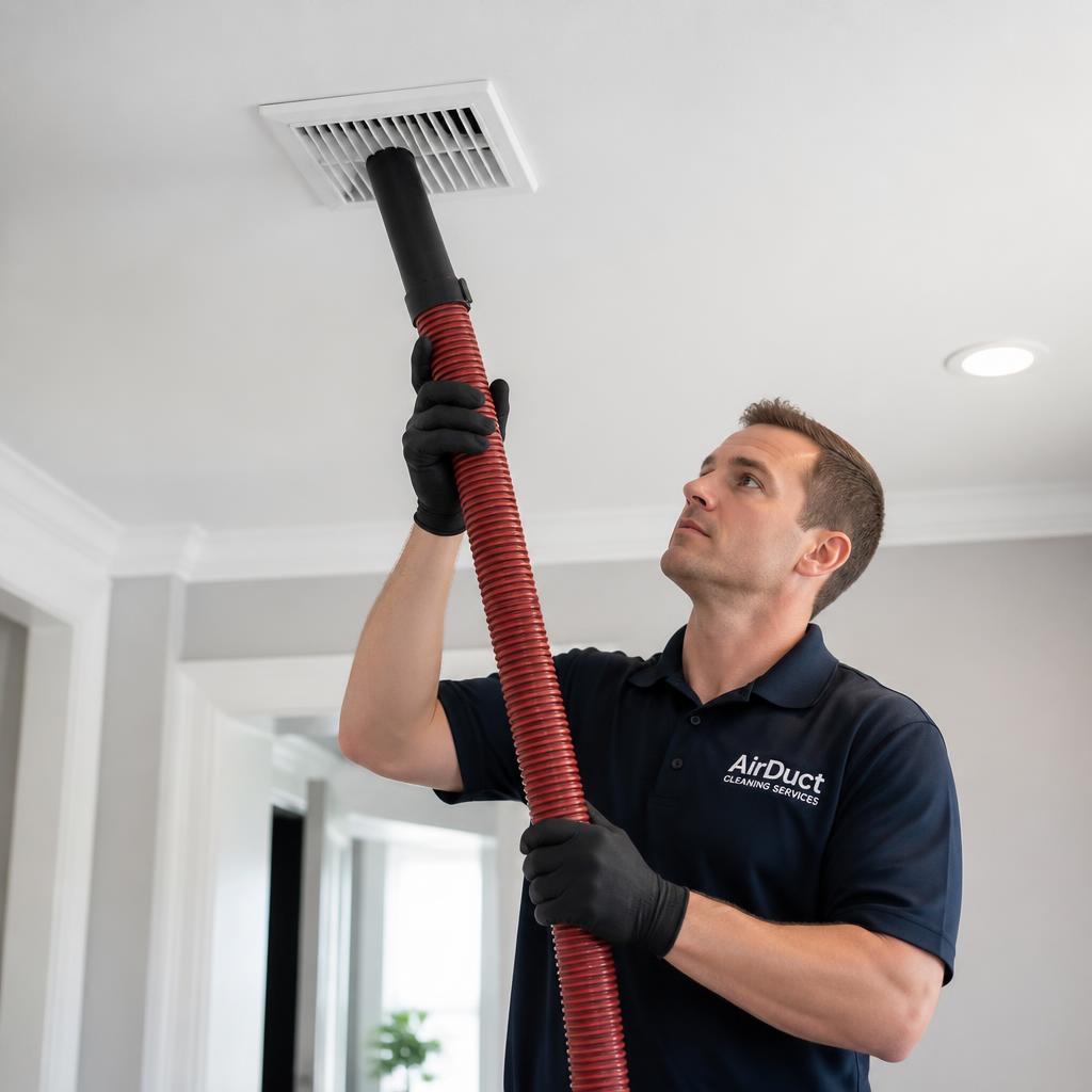 Technician vacuuming a ceiling air duct vent in a clean home