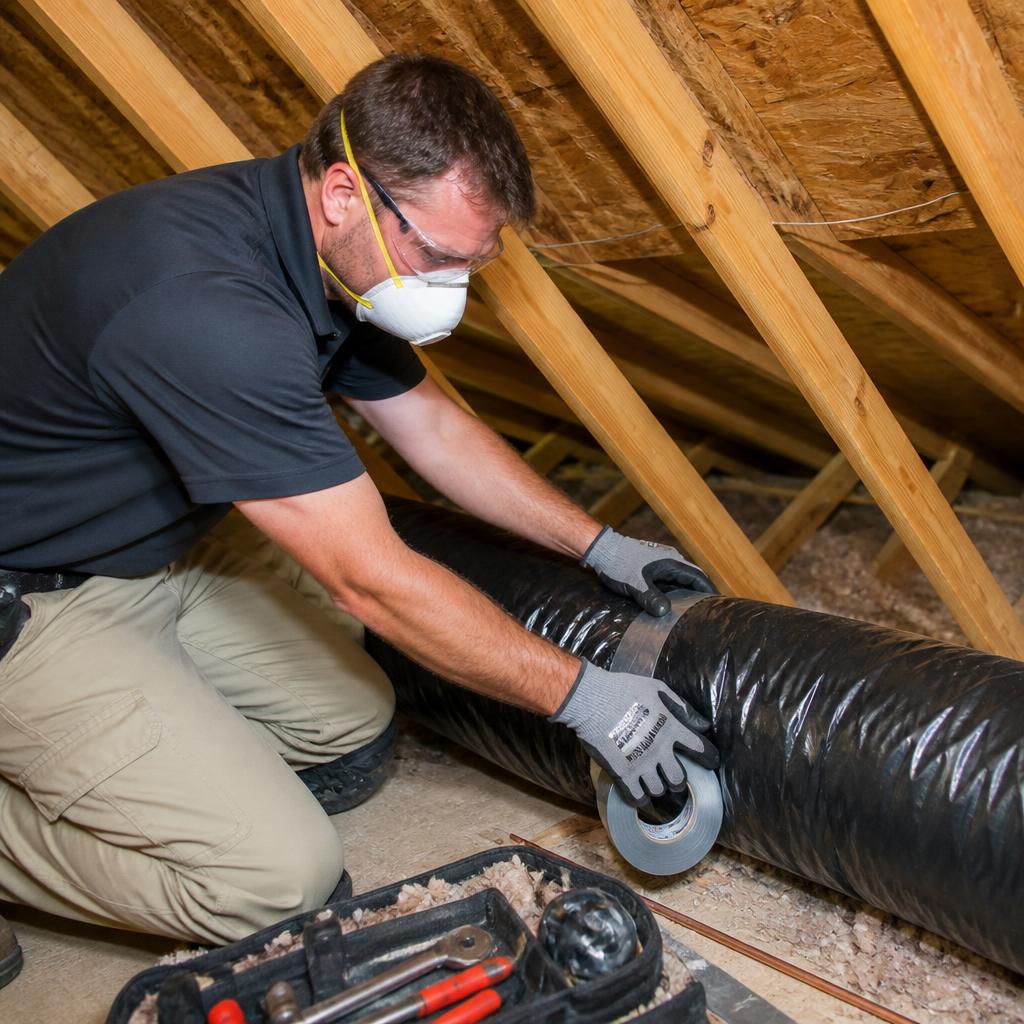 Technician sealing and repairing air ducts in an attic
