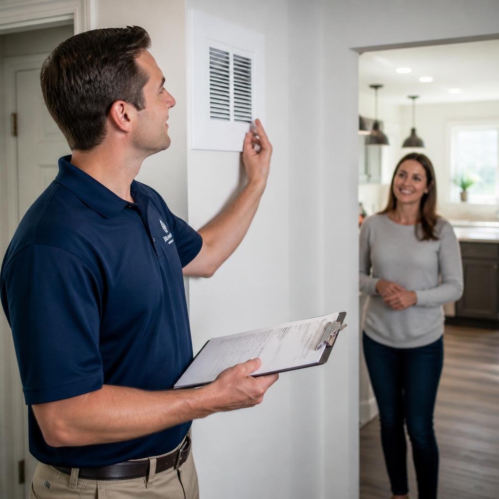 Friendly inspector reviewing a home ventilation system with the homeowner